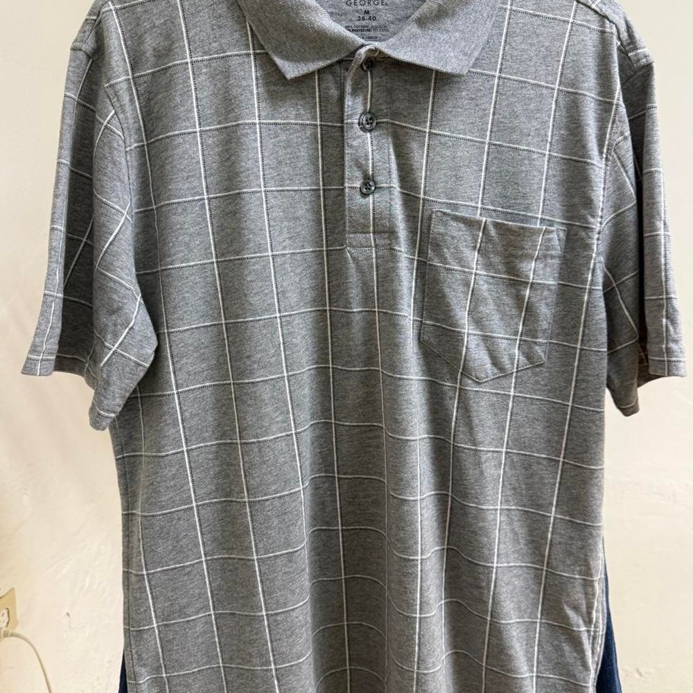George Mens Grey White Checkered Polo Shirt Short Sleeve Size M Pocket